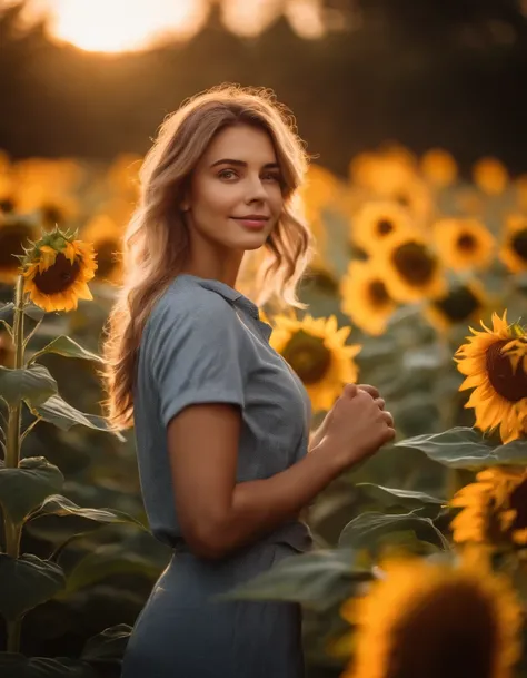 Best quality,masterpiece,ultra high res,photorealistic,raw photo,unity 8k wallpaper, panorama, cinematic lighting, on Sunflower garden, sunset, dappled sunlight, golden hour lighting, backlighting, blurry background, (lens flare), wind, pastel colors, soft...