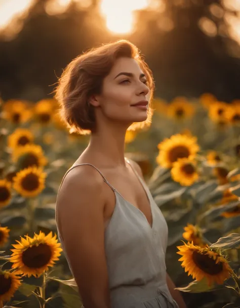 Best quality,masterpiece,ultra high res,photorealistic,raw photo,unity 8k wallpaper, panorama, cinematic lighting, on Sunflower garden, sunset, dappled sunlight, golden hour lighting, backlighting, blurry background, (lens flare), wind, pastel colors, soft...