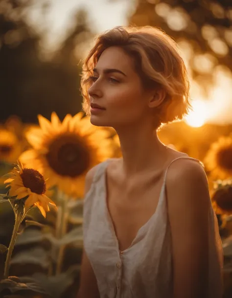 Best quality,masterpiece,ultra high res,photorealistic,raw photo,unity 8k wallpaper, panorama, cinematic lighting, on Sunflower garden, sunset, dappled sunlight, golden hour lighting, backlighting, blurry background, (lens flare), wind, pastel colors, soft...