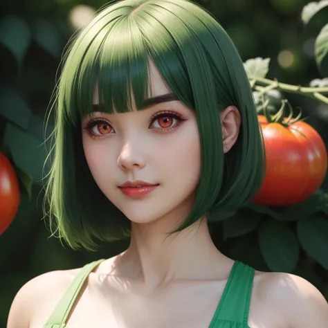 1 girl, short detailed hair, Cute、bright expression、Very beautiful face, beautiful red eye, Dazzling green hair、Eyebrows behind bangs, Bright pupils, NFFSW, NFFSW, High details, Best quality, 4K, A high resolution、full bodyesbian, Tomato costume,