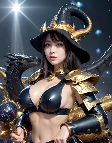 ((World of Darkness)),Professional , ​masterpiece、top-quality、photos realistic , depth of fields 、(((Fight dragons))),（Dragon Black Metal Body:1.9),(Latex Blue、（cleavage of the breast）,（Fight dragons）、、(((Particles of light))),（Micro Bikini Armor:1.7),Gorg...