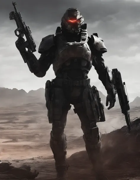 Future Battlefield，Alien Civilization War，Gunsmoke fills，A small mound，A red flag is planted on it，A soldier in armor，full armour，The background is the army of the SA，The picture is stunning，Magnificent，Magnificent，in the style of futuristic