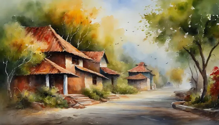 Vietnamemes scance, Old residential area，Red brick building，Big banyan tree，Clean the pavement，Fallen leaves，autumnal，in the early morning，Light yellow tone，super-fine，Carefully portrayed，high qulity，8K，