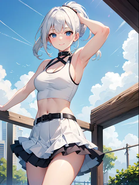 ((4K, ​master piece, Best Quality)), 1girl in, Medium White Hair, Beautiful sky blue eyes, Pony tail, Tank Tops, Mini skirt, at noon, Park, Cute, blush, medium breasts⁩, Smile