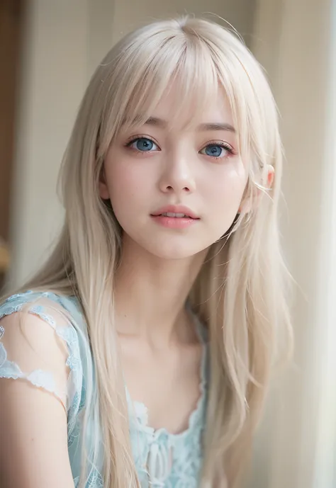 RAW Photography、(((Portrait of extreme beauty)))、((Shining white beautiful skin))、女の子1人、14-year-old cute beautiful girl in Prague、((Glossy bright platinum blonde hair))、Hair hanging in front of the face、[attractive whitish light blue eyes,]、Silky long hair...