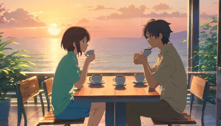 masterpiece, best quality, movie still, Rena and Eugene sitting across from each other, sipping coffee, and engaging in a conversation about second chances and compassion