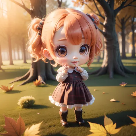 Cute Baby Chibi Anime,(((chibi3d))) (best quality) (masterprice)、Tartan check dress、Amiage Boots、Standing、Detailed small face、Open your mouth and smile、Fairytale Autumn Forest、Dazzling morning sun