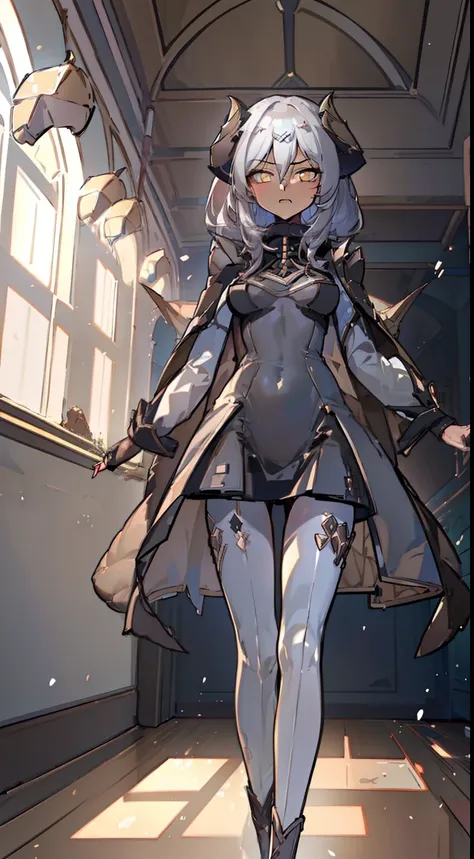 1girl 20 years,solo,(((brown skin))),angry face,black and golden short dress,medium tits,white hair,twintails hair,yellow eyes,elves ears,black horns,black pantyhose,Detailed,(long cape),(((standing in front of a room inside a castle))),hd,masterpiece,8k