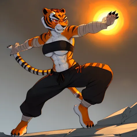 [mastertigress], [Uploaded to e621.net; (Pixelsketcher), (wamudraws)], ((masterpiece)), ((solo portrait)), ((full body)), ((front view)), ((feet visible)), ((furry; anthro tiger)), ((detailed fur)), ((cel shading)), ((intricate details)), ((detailed shadin...