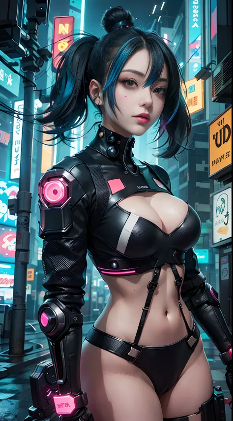 master part, best quality, 2 garotas cyberpunk confiantes juntas, Arreio corporal cyberpunk inspirado em Harajuku, bold colors and patterns, Attractive accessories, penteado moderno e inovador, maquiagem vibrante, Paisagem urbana deslumbrante cyberpunk, sk...