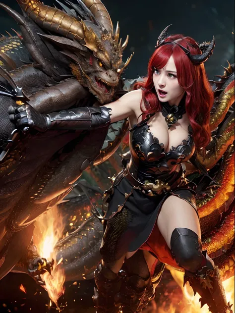 (The Ultimate Beauty Face), Professional , ​masterpiece、top-quality、photos realistic , depth of fields （Gemstone Black Metal Body:1.4),(Matte Black、（cleavage of the breast）、Dragon Gold Weapon,Mystical expression、Particles of light、((((Fight dragons)))、（Dra...