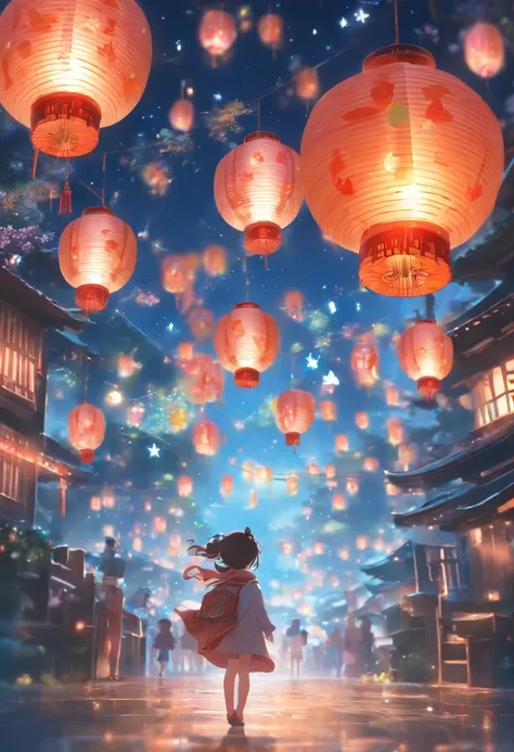 mid-autumn festival，Stars shine，Colorful，A huge moon floats over the city，Cute and cute，KIDS ILLUSTRATION，Glow effects，Dingdall effect，depth of fields，high light，Real light，Ray traching，oc rendered，Hyper-realistic，best qualtiy，8K，Works of masters，super-fin...