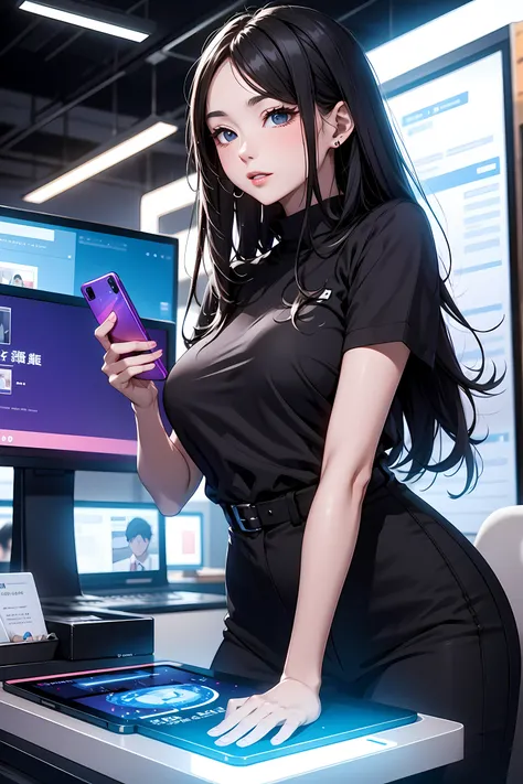 the office district of the near future、office worker using a smartphone mounted on his arm。beauty ol,holograms displayed from a ...