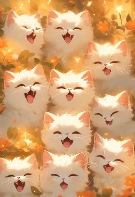 The various expressions of the white Persian kitten with crystal crowns in a meme bundle, appearing together in one image, showcasing 9 different poses and expressions including happiness, anger, crying, exhaustion, arrogance, affection, confusion, mischie...