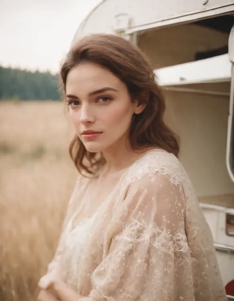 analog photography, ((upper body)), grain film, vintage photo, portra 400, flash, in the style of lo-fi aesthetics, a girl in near a camping trailer, light beige and red,