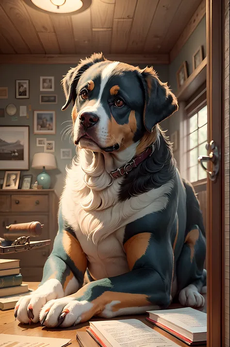 A Photograph: A Swiss Mountain Dog, adorned with reading glasses, engrossed in a book amidst a warm, vintage living room filled with cherished family memories. --auto --s2