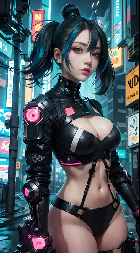 master part, best quality, 2 garotas cyberpunk confiantes juntas, Arreio corporal cyberpunk inspirado em Harajuku, bold colors and patterns, Attractive accessories, penteado moderno e inovador, maquiagem vibrante, Paisagem urbana deslumbrante cyberpunk, sk...