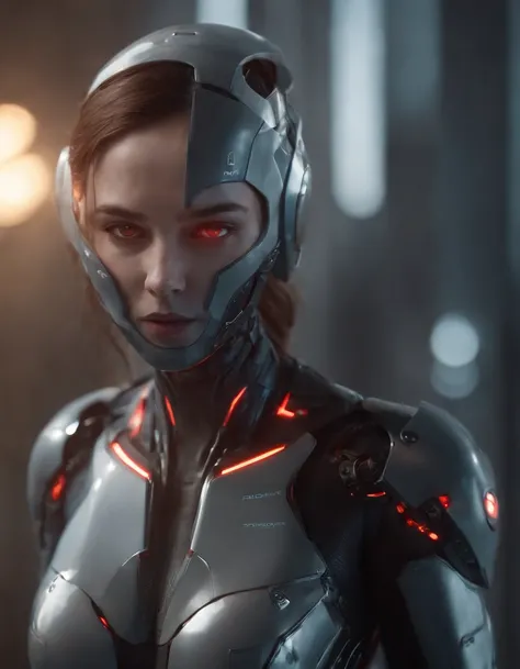 lizzyC1, ((best quality)), ((masterpiece)), (detailed), Midjourney Style, close-up, woman, robot, red eyes, concept art, inspired by Marek Okon, digital art, Crysis Nanosuit, futuristic, (glowing elements:1.1), 4:3 aspect ratio, dynamic duo，upper body