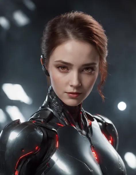 lizzyC1, ((best quality)), ((masterpiece)), (detailed), Midjourney Style, close-up, woman, robot, red eyes, concept art, inspired by Marek Okon, digital art, Crysis Nanosuit, futuristic, (glowing elements:1.1), 4:3 aspect ratio, dynamic duo，upper body