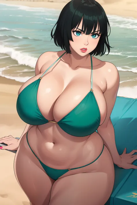 fubuki, 1girl, ((bimbo))), short green hair, blue eyes, puffy lips, painted lips, thick lips, wide hips, thick thighs, huge ass,...