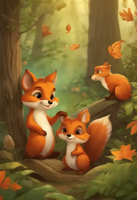 Childrens style, 児童書, Hareful, foxes, Squirrels and owls, in woods, Quite, 发光, stas