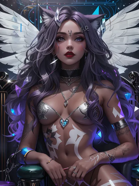 tarot card, Model: long purple wavy hair, full scarlet dark lips, Smoky eyes, BREAK,, Broken glass, crystals, neon lights, BREAK, bodypaint: Polychromatic geometric patterns,Heart, Arms and legs, BREAK, Accessories: Chrome-plated chains with torn body, Sil...