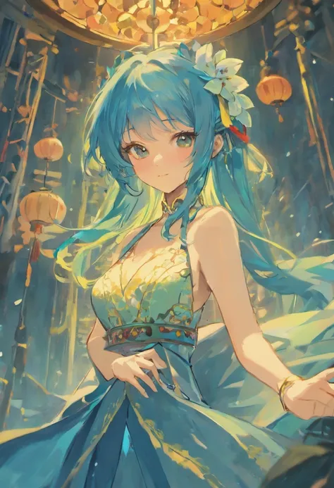 tmasterpiece，best qualtiy，offcial art，8k wallpaper，The is very detailed，illustratio，1个Giant Breast Girl，sky-bluehair，long whitr hair，Detailed eyes，super sharp focus，Forrest gump，exposed bare shoulders，Hanfu，lakes，pure，softl smile，bamboos，teas