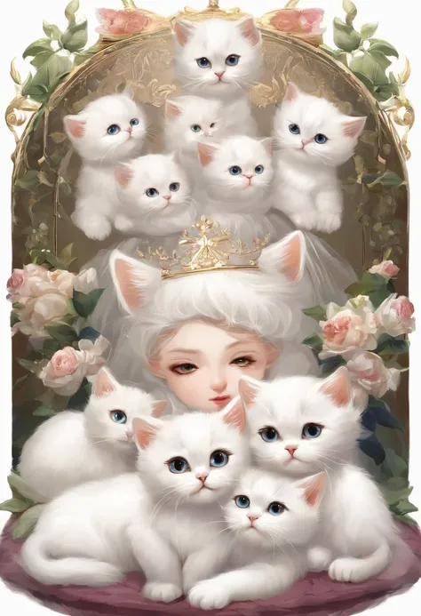 Various expressions of white Persian kittens wearing crystal crowns. Nine identical kittens appear in one image，With different poses and expressions. Each kitten is separated by a certain distance, Happy 9 kittens, Angry, Crying, Sleepy, Arrogant, Loving, ...