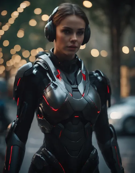 Woman, 18 years old,((best quality)), ((masterpiece)), (detailed), Midjourney Style, close-up, robot, red eyes, concept art, inspired by Marek Okon, digital art, Crysis Nanosuit, futuristic, (glowing elements:1.1), 4:3 aspect ratio, dynamic duo，upper body