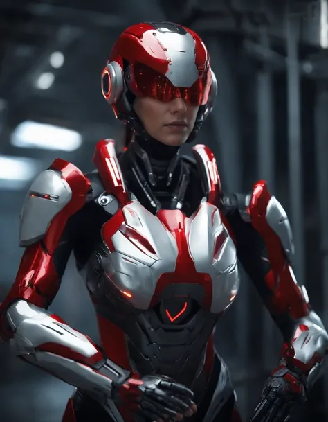 Woman, 18 years old,((best quality)), ((masterpiece)), (detailed), Midjourney Style, close-up, robot, red eyes, concept art, inspired by Marek Okon, digital art, Crysis Nanosuit, futuristic, (glowing elements:1.1), 4:3 aspect ratio, dynamic duo，upper body