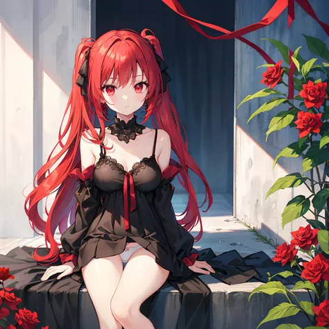 Red hair、Hair is up、red eyes、Beautiful girl alone、Black dress、off shoulders、White Rose Garden、sitting on、white  panties