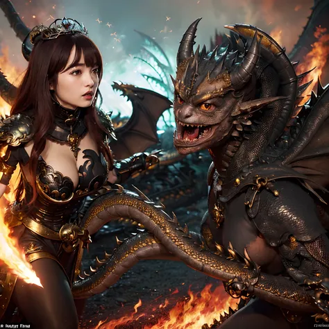 (The Ultimate Beauty Face), Professional , ​masterpiece、top-quality、photos realistic , depth of fields （Gemstone Black Metal Body:1.4),(Matte Black、（cleavage of the breast）、Dragon Gold Weapon,Mystical expression、Particles of light、((((Fight dragons)))、（Dra...