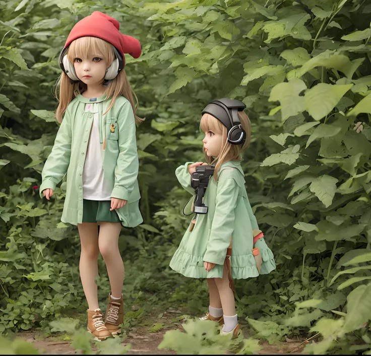 Little girl, with headphones, with a pistol, and in the forest, her clothes are green and she has a red hat