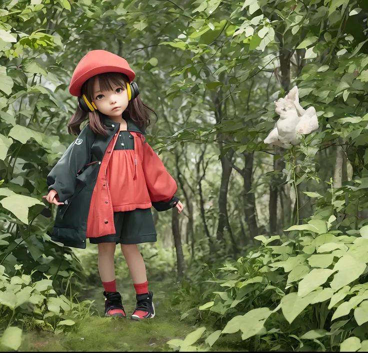 Little girl, with headphones, with a pistol, and in the forest, her clothes are green and she has a red hat