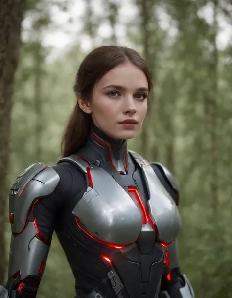 Woman, 18 years old,((best quality)), ((masterpiece)), (detailed), Midjourney Style, close-up, robot, red eyes, concept art, inspired by Marek Okon, digital art, Crysis Nanosuit, futuristic, (glowing elements:1.1), 4:3 aspect ratio, dynamic duo，upper body