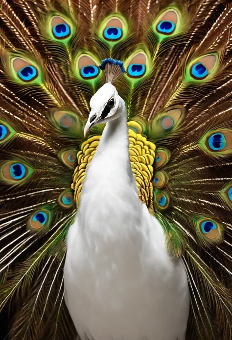 best quality, a stunning artwork of a beautiful white peacock, intricately detailed, (best shadow), elegant, volumetric lighting