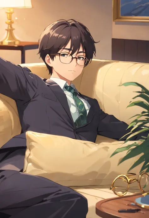 Male youth，glomy，Wears glasses with gold wire rims，with short black hair，Black suit，Sleep on living room sofa