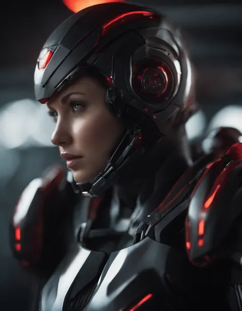 Woman, 18 years old,((best quality)), ((masterpiece)), (detailed), Midjourney Style, close-up, robot, red eyes, concept art, inspired by Marek Okon, digital art, Crysis Nanosuit, futuristic, (glowing elements:1.1), 4:3 aspect ratio, dynamic duo，upper body