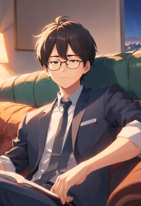 Male youth，glomy，Wears glasses with gold wire rims，with short black hair，Black suit，Sleep on the living room couch with your eyes closed