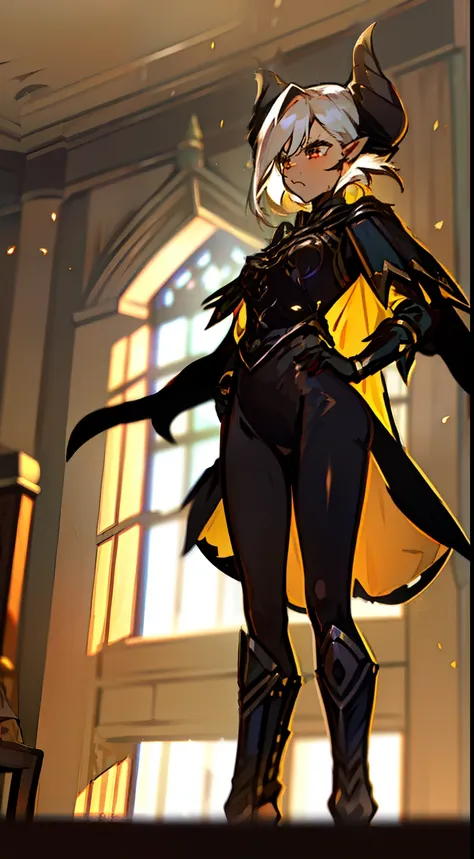 1girl 20 years,solo,(((brown skin))),angry face,black and golden short dress,medium tits,white hair,short hair,yellow eyes,elves ears,black horns,black pantyhose,Detailed,(long cape),(((standing in front of a room inside a castle))),hd,masterpiece,8k