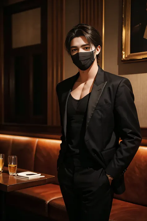 a guy handsome , 25 years old,wear jacket , wearing black mask, beautiful high detail face, cleavage, vintage image,smile,good body propotion( perfect legs and hands), sharp eyes, going to eat at a restaurant with background Louvre Museum ,8k,masterpiece,p...