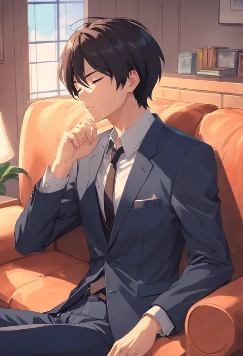 Male youth，with short black hair，Black suit，Sleep on the living room couch with your eyes closed