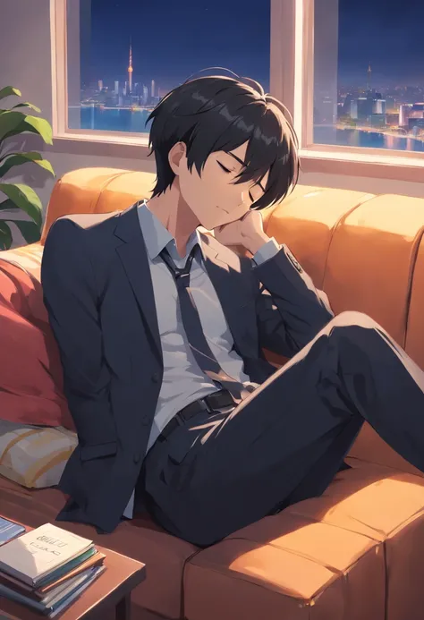 Male youth，with short black hair，Black suit，Sleep on the living room couch with your eyes closed