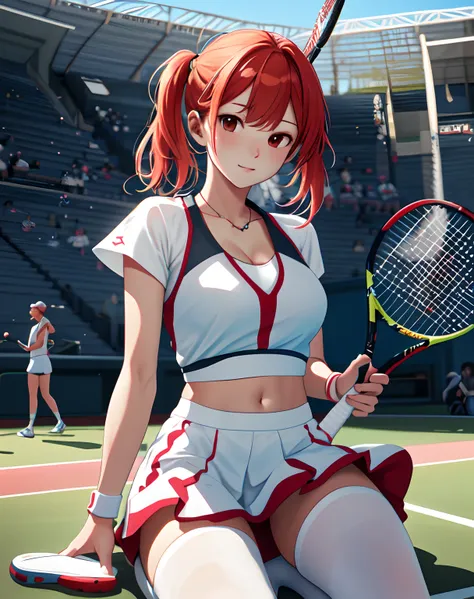 1 female tennis player，White shirt，Red skirt，White socks，dual horsetail，(vibrancy:1.3)、Tennis racket in hand，dynamicposes，(stadio:1.5)、closeup cleavage、RAW photography, top-quality, A high resolution, (tmasterpiece), (Photorealsitic:1.4),foco nítido, NFFSW...