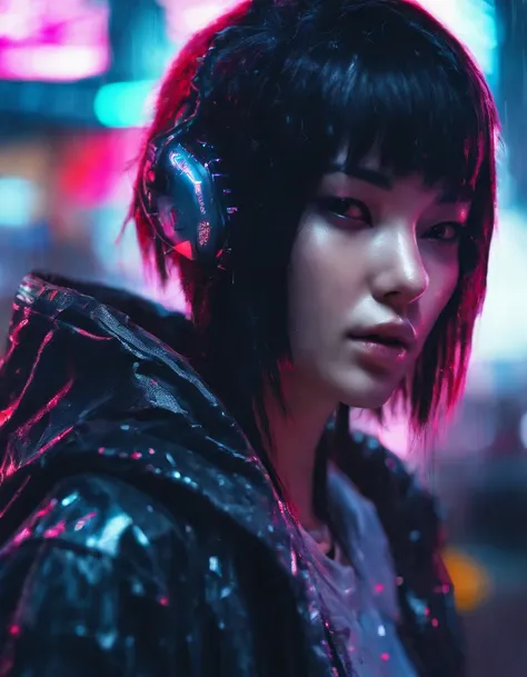 close up photograph, Confident young cyberpunk woman，black color hair，with brown eye，Wear a hoodie with a red dragon pattern, On the streets soaked with rain at night, Photorealistic, Cinematic lighting