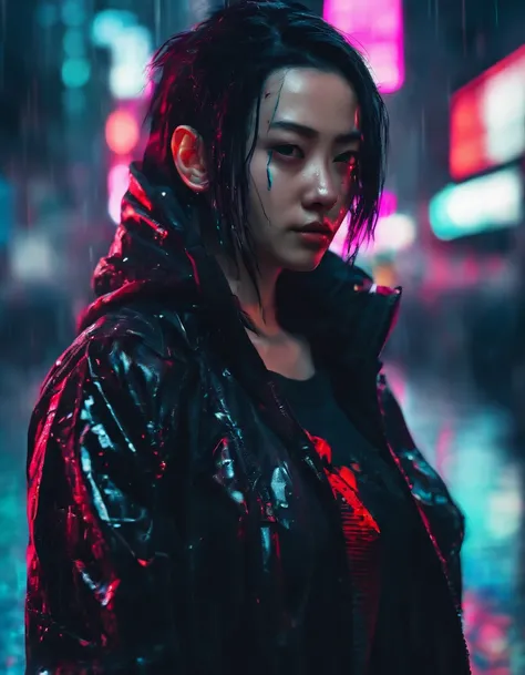 close up photograph, Confident young cyberpunk woman，black color hair，with brown eye，Wear a hoodie with a red dragon pattern, On the streets soaked with rain at night, Photorealistic, Cinematic lighting