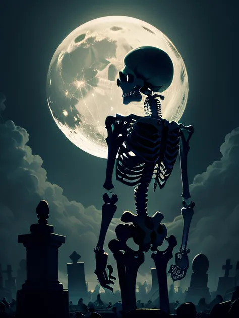 a skeleton with his back turned to the viewer, looking at the bring moon, sipping from a cup of steaming coffee, standing in a lonely graveyard surrounded by gravestones