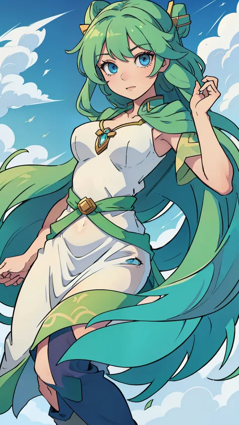 woman, goddess of wind, whole body, green hair, blue eyes