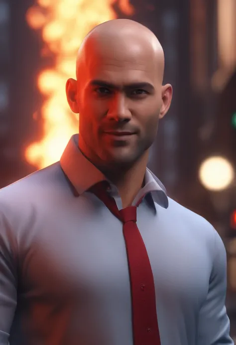 a man with an evil smile button up shirt, raining in the city, fire burning in the background, shaved head, red rim lighting, 8K, UHD, [candid, amateur], cinematic lighting, upper body, highly detailed face, close up, serious face, villainous