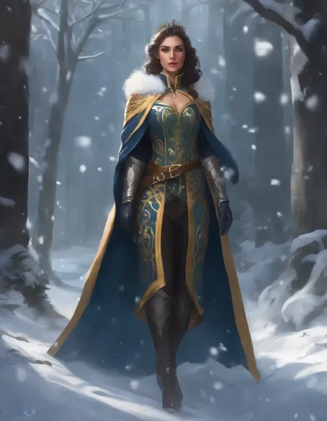 Woman with an ice tiara on her head and a navy blue winter cloak with golden details,snowflake, long black hair,  Elf princess, rainha elfa, artgerm em artstation pixiv, bela e elegante rainha elfa, Standing in the snow in front of a large icy castle,Stand...